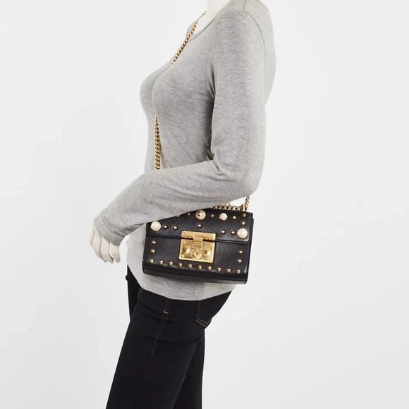 Gucci Black Leather Faux Pearl Stud Padlock Small Shoulder Bag - Picture 2 of 11